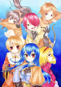 Rule 34 | 3boys, 3girls, absurdres, acolyte (ragnarok online), archer (ragnarok online), armeyer dinze, arrow (projectile), arrow in mouth, black gloves, black shirt, blonde hair, blue background, blue hair, bow (weapon), bra, breasts, brown capelet, brown coat, brown dress, brown hair, brown jacket, capelet, chest guard, cleavage, closed mouth, coat, commentary request, dress, egnigem cenia, errende ebecee, gloves, hair between eyes, hair over one eye, hairband, highres, holding, holding bow (weapon), holding weapon, jacket, kannazuki shion, kavach icarus, laurell weinder, long hair, long sleeves, looking at viewer, mage (ragnarok online), medium breasts, merchant (ragnarok online), mouth hold, multiple boys, multiple girls, open mouth, pink gloves, pink jacket, ponytail, ragnarok online, red eyes, red hair, red hairband, shirt, short hair, smile, swordsman (ragnarok online), thief (ragnarok online), underwear, upper body, weapon, white bra, wickebine tres