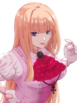 1girl blonde_hair blue_eyes breasts emilie_de_rochefort fingerless_gloves gloves hand_on_own_hip large_breasts lips long_hair looking_at_viewer sai_(pixiv_id_6877650) short_sleeves tekken tekken_8 white_background