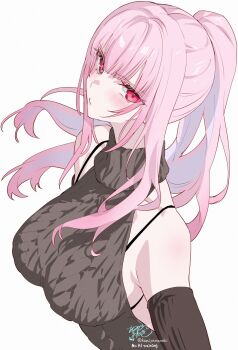 alternate_costume backless_dress backless_outfit bare_shoulders black_sleeves blush breasts commentary detached_sleeves dress highres hololive hololive_english kamiya_maneki large_breasts long_hair looking_at_viewer mori_calliope pink_hair ponytail red_eyes ribbed_sweater sideboob signature simple_background solo sweater sweater_dress symbol-only_commentary turtleneck turtleneck_sweater twitter_username virtual_youtuber white_background