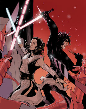 Rule 34 | 1girl, 3boys, armor, artist collaboration, black gloves, black hair, black jacket, blue lightsaber, crossguard lightsaber, energy sword, fighting, gloves, holding, holding sword, holding weapon, jacket, kylo ren, lightsaber, multiple boys, praetorian guard, rachel dodson, red armor, red lightsaber, rey (star wars), star wars, star wars: the last jedi, sword, terry dodson, weapon