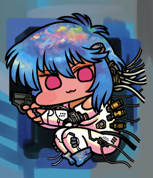 1girl bodysuit ghost_in_the_shell gun holding holding_gun holding_weapon jazz_jack kusanagi_motoko looking_at_viewer red_eyes short_hair smile solo weapon white_bodysuit wide_face