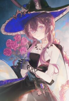 Rule 34 | 1girl, absurdres, ambience synesthesia, amiya (arknights), amiya (medic) (arknights), amiya (medic) (solo around the world) (arknights), animal ears, arknights, black cape, black dress, black gloves, black hat, blue eyes, blue hat, bouquet, braid, brown hair, cape, closed mouth, collarbone, commentary, dress, extra ears, flower, gloves, hair between eyes, hat, highres, holding, holding bouquet, jewelry, large hat, long hair, looking at viewer, multicolored cape, multicolored hat, multiple rings, neema (oneemasan), pink flower, pink rose, rabbit ears, rabbit girl, ring, rose, single braid, single glove, sleeveless, solo, two-tone cape, upper body, white cape, white hat, witch hat