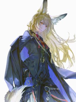 1girl animal_ears arknights black_coat black_jacket blonde_hair braid closed_mouth coat fox_ears fox_girl fox_tail highres jacket long_hair long_sleeves looking_at_viewer necktie orange_eyes quasarcake red_necktie simple_background solo tail vulpisfoglia_(arknights) white_background