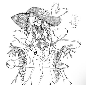 Rule 34 | 1girl, bow, bowtie, corset, dress, eyeball, flower, frilled shirt collar, frilled sleeves, frills, gloves, greyscale, hat, hat flower, hat ribbon, heart, heart of string, highres, komeiji koishi, long hair, monochrome, narurichan, puffy sleeves, ribbon, rose, smile, speech bubble, third eye, touhou, translation request, wide sleeves