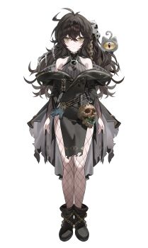 1girl 1other :| absurdres ahoge bare_shoulders black_dress black_footwear black_hair black_lace_trim bone boots breasts chain charm_(object) closed_mouth creature damaged dress fishnet_pantyhose fishnets full_body gem green_gemstone grimmi_(vtuber) grimmi_(necromancer)_(vtuber) hair_between_eyes highres indie_virtual_youtuber lace lace_trim legs_together medium_breasts occult official_alternate_costume orb pale_skin pantyhose simple_background skeletal_hand skelter_(grimmivt) skull standing tassel tight_clothes torn_clothes virtual_youtuber yellow_eyes zutsuyaku