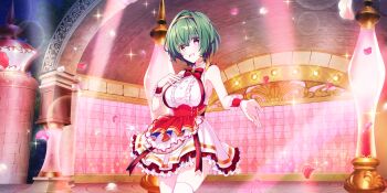 1girl arch bow bowtie breasts brick corset cowboy_shot dot_nose dress falling_petals game_cg green_hair hair_intakes hairband hand_on_own_chest highres lapis_re:lights large_breasts layered_skirt lens_flare lynette_(lapis_re:lights) night night_sky official_art open_mouth outdoors outstretched_hand petals pink_petals purple_eyes red_bow red_bowtie red_corset red_petals red_skirt red_wrist_cuffs short_hair sideboob skirt sky smile solo sparkle stage stage_lights striped_bow striped_bowtie striped_clothes thighhighs third-party_source tile_wall tiles tree white_dress white_petals white_skirt white_thighhighs wrist_cuffs yellow_hairband