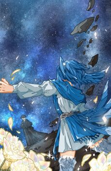 1boy 1girl belt bird_girl bird_tail bird_wings clothing_cutout dress elpis_flower facing_away falling_petals feathered_wings ff14_hc final_fantasy final_fantasy_xiv flower from_behind from_below head_wings hermes_(ff14) highres meteion outdoors outstretched_arm petals shards sky solo_focus standing tail tail_through_clothes white_dress wings yellow_flower