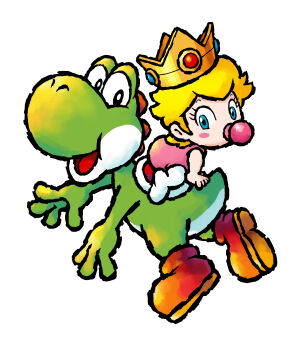 1boy 1girl baby baby_peach blonde_hair blue_eyes blush_stickers boots brown_boots colored_skin crown green_skin green_yoshi highres looking_at_viewer mario_(series) nintendo official_art open_mouth pacifier princess_peach short_hair simple_background third-party_source white_background yoshi yoshi&#039;s_island_ds