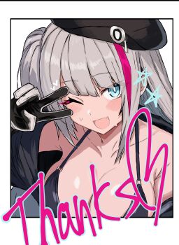 1girl absurdres bare_shoulders black_gloves blue_eyes breasts girls&#039;_frontline gloves grey_gloves grey_hair highres large_breasts long_hair looking_at_viewer mdr_(girls&#039;_frontline) one_eye_closed r_scrubed solo two-tone_gloves v white_background