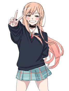 1girl arm_behind_back black_choker black_sweater blush brown_eyes choker collared_shirt cowboy_shot fingernails grin highres kitagawa_marin long_fingernails long_hair looking_at_viewer moko_moko_916 necktie orange_hair plaid_clothes plaid_skirt pleated_skirt red_necktie shirt shirt_under_sweater sketch skirt smile solo sono_bisque_doll_wa_koi_wo_suru sweater teeth v white_background white_shirt