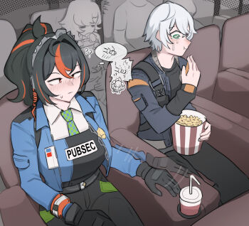 Rule 34 | 1boy, 1girl, ?, ??, black gloves, black hair, black pants, black shirt, blush, breasts, checkered necktie, crying, food, gloves, green eyes, green necktie, grey hair, hairband, highres, large breasts, mata (matasoup), metal hairband, movie theater, multicolored hair, necktie, pants, piper wheel, police, police uniform, policewoman, ponytail, popcorn, red eyes, red hair, shirt, sitting, streaked hair, wise (zenless zone zero), zenless zone zero, zhu yuan