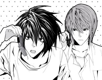 Rule 34 | 2boys, bags under eyes, cellphone, closed mouth, collared shirt, commentary request, death note, dotted background, flip phone, gwakchili, hair between eyes, highres, holding, holding phone, l (death note), looking at another, male focus, multiple boys, open mouth, phone, shirt, short hair, simple background, white background, yagami light