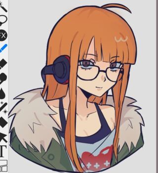 1girl ahoge black_tank_top brown_eyes commentary glasses green_jacket headphones jacket orange_hair persona picklessyy sakura_futaba solo solo_focus tank_top white_background
