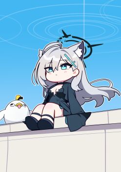 1girl absurdres animal_ears black_choker black_dress black_shoes blue_archive blue_eyes blue_sky breasts chibi choker closed_mouth cross_hair_ornament day dress grey_hair hair_between_eyes hair_ornament halo highres jorang_(jorang08) long_hair long_sleeves medium_breasts mismatched_pupils outdoors peroro_(blue_archive) shiroko_terror_(blue_archive) shoes sitting sky tongue very_long_hair wolf_ears
