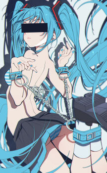 1girl absurdly_long_hair absurdres aqua_hair aqua_nails arched_back ass bar_censor bdsm black_shoes black_skirt bondage bondage_cuffs bound bound_arms bound_legs bra breasts censored censored_identity chain choppy_bangs commentary_request cuffs drop_shadow facing_back facing_viewer fingernails floating_hair foreshortening from_behind hair_over_one_eye hatsune_miku highres legs_up long_bangs long_hair median_furrow miniskirt nail_polish no_shirt palms panties pantyshot parted_lips pleated_skirt shoes sidelocks simple_background skirt small_breasts socks solo striped_bra striped_clothes striped_panties tiandingfengren turning_head twintails underwear variant_set very_long_hair vocaloid white_background white_socks
