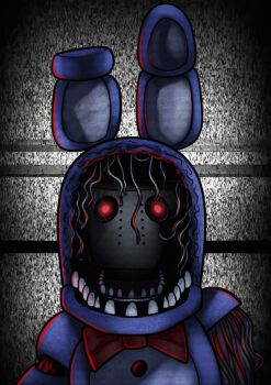 1girl animatronic artist_request bonnie_(fnaf) bow bowtie five_nights_at_freddy's five_nights_at_freddy's_2 missing_limb non-humanoid_robot rabbit red_bow red_bowtie red_eyes robot robot_animal sharp_teeth static teeth wire withered_bonnie