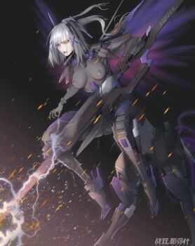 Rule 34 | 1girl, agaver123, black bodysuit, bodysuit, breasts, centaur, chin guard, commentary request, copyright name, covered erect nipples, cyborg, electricity, floating hair, grey hair, hair between eyes, hair ornament, headgear, highres, holding, holding polearm, holding weapon, joints, large breasts, mecha musume, mechabare, mechanical arms, mechanical legs, mechanical spine, mechanical tail, mechanical wings, medium hair, multiple legs, open mouth, polearm, punishing: gray raven, rearing, robot joints, rosetta: rigor (pgr), rosetta (pgr), sidelocks, signature, solo, standing, tail, taur, weapon, white hair, wings, x hair ornament, yellow eyes