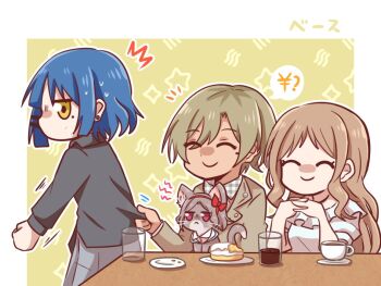 Rule 34 | 3girls, animalization, bang dream!, bang dream! it's mygo!!!!!, black cardigan, blue hair, bocchi the rock!, bow, brown cardigan, brown hair, cake, cardigan, cat, clothes grab, coffee, crossover, cup, dark-skinned female, dark skin, dress, earrings, ebizuka tomo, false smile, food, girls band cry, grey skirt, hair ornament, hairpin, instrument connection, jewelry, jx2 (jennyiq), long hair, mole, mole under eye, multiple girls, nagasaki soyo, no mouth, plate, purple eyes, red bow, rupa (girls band cry), short hair, skirt, smile, spoken money, spoken yen sign, stud earrings, white dress, yamada ryo, yellow eyes, yen sign