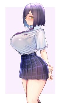 absurdres arms_behind_back bra_visible_through_clothes breasts collared_shirt highres huge_breasts kagami_uekusa looking_at_viewer necktie nijisanji pleated_skirt purple_hair purple_necktie shirt shizuka_rin shizuka_rin_(3rd_costume) short_hair short_sleeves skirt solo striped_necktie virtual_youtuber white_shirt yellow_eyes