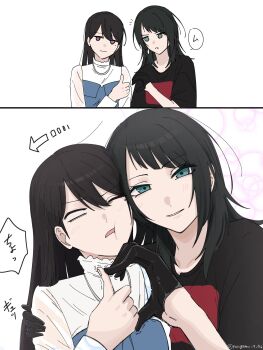 2girls bang_dream! bang_dream!_it&#039;s_mygo!!!!! black_gloves black_hair black_shirt blue_eyes blush cheek_press gloves hand_on_another&#039;s_shoulder heart_hands_failure highres jitome long_hair medium_hair mole mole_under_eye multiple_girls nagomu_7_56 open_mouth purple_eyes shiina_taki shirt thumbs_up trembling voice_actor_connection yahata_umiri