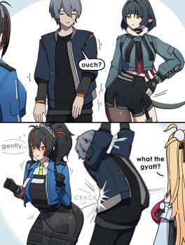 1boy 3girls absurdres animal_ears black_gloves black_hair blonde_hair blue_jacket breasts cissia_(zenless_zone_zero) crack dorahdew fur-trimmed_jacket fur_trim garter_straps gloves green_jacket grey_hair hair_between_eyes hairband high-waist_pants high-waist_shorts highres jacket jane_doe_(zenless_zone_zero) large_breasts leather_leotard long_hair metal_hairband mouse_ears mouse_girl mouse_tail multicolored_hair multiple_girls necktie pants pantyhose phaethon_(zenless_zone_zero) police police_uniform policewoman ponytail red_eyes red_streaks sharp_tail short_hair shorts single_garter_strap single_leg_pantyhose spanked streaked_hair tail thiren tight_clothes tight_pants torn_clothes torn_pantyhose trembling two-tone_necktie very_long_tail wise_(zenless_zone_zero) zenless_zone_zero zhu_yuan