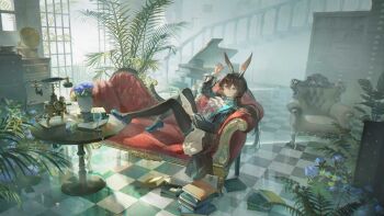 1girl amiya_(arknights) amiya_(medic)_(arknights) animal_ears anklet arknights black_pantyhose blue_eyes book brown_hair checkered_floor chinese_commentary commentary_request couch curled_fingers dress expressionless from_side full_body hand_up highres holding holding_paper indoors infection_monitor_(arknights) instrument jacket jewelry knees_up long_hair long_sleeves looking_at_viewer multiple_rings on_couch open_clothes open_jacket pantyhose paper piano plant rabbit_ears rabbit_girl ring shoes sitting solo stairs table thighlet ting_zi_bbb