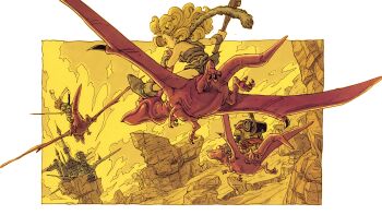 1girl 2boys absurdres ayla_(chrono_trigger) big_hair blonde_hair boots chrono_trigger crono_(chrono_trigger) grey_boots highres holding holding_sword holding_weapon long_hair multiple_boys non-web_source official_art pterosaur robo_(chrono_trigger) sword toriyama_akira weapon