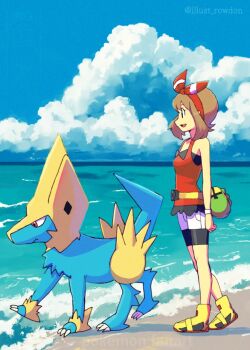 1girl beach bike_shorts bike_shorts_under_skirt black_shorts blue_sky bow brown_hair cloud cloudy_sky fanny_pack gen_3_pokemon hair_bow manectric may_(pokemon) nintendo ocean open_mouth pokemon pokemon_(creature) pokemon_oras red_bow red_shirt rowdon shirt shoes shorts sky sleeveless sleeveless_shirt twitter_username white_shorts yellow_shoes