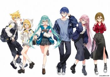 black_boots black_shoes black_socks blonde_hair boots brown_hair brown_shoes closed_mouth colored_eyelashes cup full_body hatsune_miku holding holding_cup jacket kagamine_len kagamine_rin kaito_(vocaloid) loafers long_hair long_skirt long_sleeves looking_at_viewer low_twintails megurine_luka meiko_(vocaloid) official_art one_eye_closed open_clothes open_jacket open_mouth pink_hair shoes short_hair simple_background skirt smile sneakers socks standing standing_on_one_leg twintails very_long_hair vocaloid weri white_background white_socks