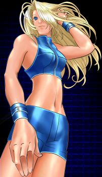 1girl absurdres adjusting_hair arm_at_side armpits artist_request bare_shoulders blonde_hair blue_eyes blue_shirt blue_shorts breasts collarbone eyelashes female_focus fingernails floating_hair hair_down hair_intakes hair_over_one_eye hand_up happy highres huge_filesize legs legs_together lips long_hair looking_afar medium_breasts metroid metroid_fusion midriff navel nintendo official_alternate_costume official_alternate_hairstyle parted_bangs redrawn samus_aran shirt short_shorts shorts sidelocks smile sports_bra stomach thighs turtleneck turtleneck_shirt wrist_cuffs zipper zipper_pull_tab