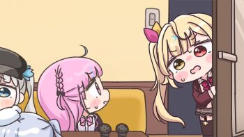 1boy 3girls black_hat black_thighhighs blonde_hair blue_hair bow braid brown_eyes brown_jacket brown_skirt chibi commentary_request couch crossover garter_straps grey_hair hair_ornament hair_ribbon hat heterochromia hololive hoshikawa_sara indoors inuyama_tamaki jacket kagura_gumi kagura_mea microphone minato_aqua mochimiko multicolored_hair multiple_crossover multiple_girls newsboy_cap nijisanji noripro on_couch open_clothes open_door open_jacket pink_hair plaid_clothes plaid_skirt purple_eyes red_bow red_eyes ribbon shirt side_ponytail skirt streaked_hair table thighhighs virtual_youtuber white_shirt x_hair_ornament