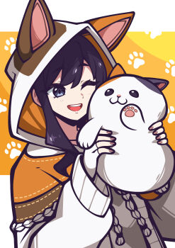 1girl animal animal_ear_hood bacon_strips black_hair blue_eyes cat commentary commission english_commentary fake_animal_ears fat_cat_(ff14) final_fantasy final_fantasy_xiv flat_chest gloves highres holding holding_animal holding_cat hood hoodie looking_at_animal one_eye_closed open_mouth partially_fingerless_gloves paw_print paw_print_background second-party_source smile solo teeth upper_body upper_teeth_only warrior_of_light_(ff14) white_gloves white_hoodie
