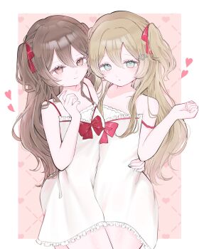 2girls blue_eyes bow bowtie brown_eyes brown_hair closed_mouth commentary commission cowboy_shot dress english_commentary evil_neuro-sama hair_between_eyes hair_ornament hair_ribbon hand_around_wrist hand_up heart heart_hair_ornament highres long_hair looking_at_viewer multiple_girls neuro-sama pink_bow pink_bowtie red_bow red_bowtie red_ribbon ribbon siblings sisters smile spaghetti_strap third-party_source twins two_side_up uenoeno vedal_ai virtual_youtuber white_dress