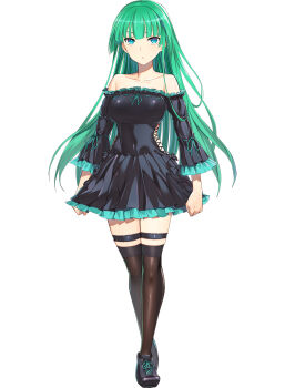 1girl bare_shoulders black_dress black_shoes black_thighhighs blue_eyes breasts choukou_(alicesoft) choukou_taisen_escalation_heroines clenched_hand dress full_body green_hair highres large_breasts long_hair looking_at_viewer masou_shizuka official_art orion_(orionproject) rance_(series) shoes solo tachi-e thighhighs
