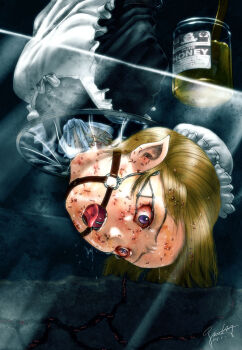 ant apron bdsm blonde_hair bug eye_torture gag guro honey insect maid maid_apron open_mouth pointy_ears purple_eyes ring_gag s_zenith_lee saliva solo tongue torture upside-down