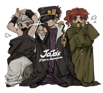 Rule 34 | 3boys, age regression, aged down, black coat, black hat, blush, closed mouth, coat, commentary request, copyright name, earrings, freckles, full body, green coat, grey hair, hat, highres, jean pierre polnareff, jewelry, jojo no kimyou na bouken, kakyoin noriaki, kuujou joutarou, looking at viewer, male focus, multiple boys, neg 50asu, open mouth, oversized clothes, red hair, short hair, simple background, stardust crusaders, white background