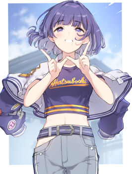 1girl belt blush border campus_mode!!_(idolmaster) clothes_writing commentary_request cowboy_shot cropped_shirt double_finger_gun finger_gun gakuen_idolmaster grey_pants hataya_misuzu highres idolmaster jacket jacket_on_shoulders looking_at_viewer midriff miya_kazutomo mole mole_under_mouth navel official_alternate_costume outside_border pants purple_eyes purple_hair purple_shirt shirt short_hair short_sleeves smile solo white_border