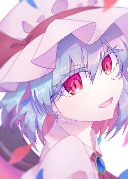 1girl absurdres artist_name ascot bat_wings blue_gemstone bow collared_shirt dress fo_ris frilled_hat frills gem hair_between_eyes hat hat_ribbon highres looking_at_viewer mob_cap open_mouth parted_lips petals pink_shirt purple_hair red_ascot red_eyes red_ribbon remilia_scarlet ribbon shirt short_hair smile solo touhou twitter_username vampire white_hat wings