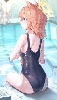 3girls absurdres alternate_costume animal_ear_fluff animal_ears ass back black_one-piece_swimsuit blue_archive blue_eyes bottle breasts cat_ears cat_girl commentary_request halo highres long_hair mari_(blue_archive) medium_breasts multiple_girls one-piece_swimsuit orange_hair plastic_bottle pool poolside sitting solo_focus swimsuit water water_bottle wet yellow_halo yogu_(user_rxdx2445)