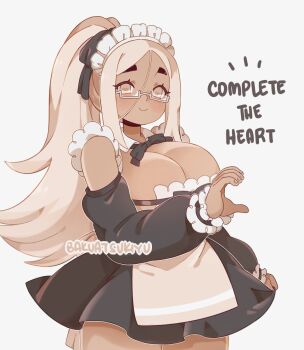 1girl artist_name bakuatsukiyu black_bow black_bowtie black_dress blonde_hair bow bowtie breasts cleavage commentary cowboy_shot dark-skinned_female dark_skin detached_collar detached_sleeves dress english_commentary english_text glasses hair_ribbon half-heart_hands high_ponytail holding_own_skirt huge_breasts maid maid_headdress oat_milk_(bakuatsukiyu) original ponytail ribbon semi-rimless_eyewear short_dress solo strapless strapless_dress template thick_eyebrows under-rim_eyewear yellow_eyes