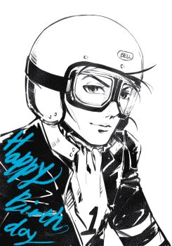 Rule 34 | 1boy, ascot, catfish05, chinese commentary, closed mouth, commentary request, greyscale, happy birthday, helmet, highres, jacket, looking at viewer, male focus, monochrome, motorcycle helmet, nanjou kei, persona, persona 1, simple background, solo, upper body, white background
