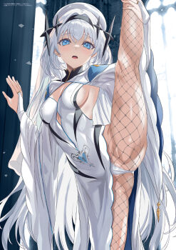 1girl arm_support artist_name ass backless_dress backless_outfit beret black_hairband blue_eyes breasts bridal_gauntlets cameltoe cleavage_cutout clothing_cutout copyright_name covered_erect_nipples double-parted_bangs dress fishnet_pantyhose fishnets groin hair_intakes hair_ornament hairband hand_on_own_leg hat indoors leaning_on_object long_hair luna_(wai_no_hontou_no_shokugyou_ga_seikishi) mutsumi_masato official_art panties pantyhose parted_lips partially_visible_vulva pubic_tattoo sideboob small_breasts solo split spread_legs standing standing_on_one_leg standing_split star_(symbol) star_hair_ornament tattoo third-party_source underwear very_long_hair wai_no_hontou_no_shokugyou_ga_seikishi_toka_ienai white_hair white_panties wide_sleeves wide_spread_legs