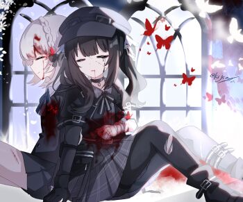 2girls back-to-back bandaged_arm bandages black_boots black_choker black_gloves black_hair black_hat black_jacket black_pantyhose black_ribbon black_skirt blood blood_on_clothes blood_on_face blue_ribbon boots braid bug butterfly chinese_commentary choker closed_eyes closed_mouth commentary_request crown_braid dress from_side gloves goggles goggles_on_headwear grey_dress grey_hair hat highres insect jacket ksjsa kurobe_nanoka kurobe_nanoka&#039;s_sister long_hair long_sleeves mahou_shoujo_no_majo_saiban multiple_girls neck_ribbon pantyhose pleated_skirt profile red_butterfly ribbon short_hair siblings single_glove sisters sitting skirt smile spoilers torn_clothes torn_pantyhose twintails window