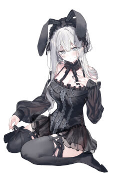 1girl animal_ear_hairband animal_ears bare_shoulders black_bow black_dress black_garter_straps black_nails black_ribbon black_thighhighs bow breasts dress fake_animal_ears frilled_dress frilled_hairband frills full_body fuyukawa_kagari garter_straps grey_eyes grey_hair hairband hakanai_kimi_wa_moukou_wo_hajimeru hand_on_own_chest highres holding kazutake_hazano large_breasts lolita_fashion long_sleeves looking_at_another looking_down rabbit_ear_hairband rabbit_ears ribbon sidelocks simple_background sitting solo thighhighs white_background