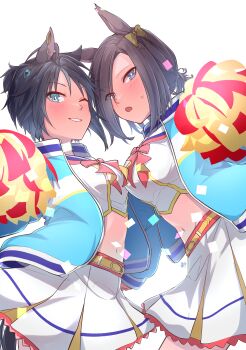 Rule 34 | 2girls, absurdres, air groove (umamusume), animal ears, belt, black hair, blue eyes, blue jacket, blush, breast press, breasts, brown hair, commentary request, confetti, cosplay, ear piercing, fuji kiseki (umamusume), green eyes, highres, holding, holding pom poms, horse ears, horse girl, horse tail, jacket, layered skirt, looking at viewer, medium breasts, midriff, multiple girls, navel, nice nature (run&amp;win) (umamusume), nice nature (umamusume), nice nature (umamusume) (cosplay), one eye closed, open clothes, open jacket, open mouth, piercing, pom pom (cheerleading), pom poms, sailor collar, shirt, short hair, simple background, skirt, small breasts, smile, sweatdrop, symmetrical docking, tail, teeth, umamusume, white background, white shirt, white skirt, zhu (nitamagr)