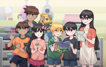 2girls 4boys aged_down alternate_costume aubrey_(faraway)_(omori) aubrey_(omori) basil_(faraway)_(omori) basil_(omori) black_eyes black_hair black_pantyhose black_shirt black_shorts blonde_hair blue_eyes book bookshelf bow bright_pupils brother_and_sister brothers brown_eyes brown_hair captain_spaceboy collarbone collared_shirt double-parted_bangs gashapon gokun green_jacket green_shirt hair_bow hero_(faraway)_(omori) hero_(omori) highres holding holding_book hood hood_down hooded_jacket indoors jacket kel_(faraway)_(omori) kel_(omori) long_hair looking_at_another looking_at_viewer lower_teeth_only mari_(faraway)_(omori) mari_(omori) multiple_boys multiple_girls omori open_mouth orange_shirt pantyhose pink_bow pink_shirt red_skirt shirt shorts siblings skirt striped_clothes striped_shirt sunny_(omori) sweatdrop t-shirt teeth tongue twitter_username upper_teeth_only white_pupils