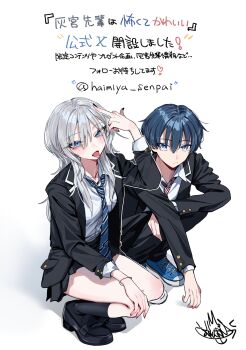 1boy 1girl absurdres arm_up black_jacket black_pants black_shoes black_skirt black_socks blue_eyes blue_hair blue_necktie blue_shoes choppy_bangs closed_mouth commentary_request diagonal-striped_clothes diagonal-striped_necktie grey_hair haimiya_mio_(kamiyama_sumu) hair_between_eyes highres jacket kamiyama_sumu long_hair long_sleeves looking_at_viewer middle_finger miniskirt mole mole_under_eye necktie open_clothes open_jacket open_mouth original pants school_uniform shirt shoes short_hair skirt socks squatting striped_clothes tongue tongue_out translation_request white_background white_shirt