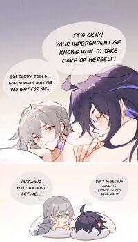 2girls ahoge black_hair blue_hair breasts bronya_rand closed_eyes drill_hair earrings english_text grey_eyes grey_hair highres honkai:_star_rail honkai_(series) jewelry medium_breasts mie_xing multicolored_hair multiple_girls seele_(honkai:_star_rail) yuri