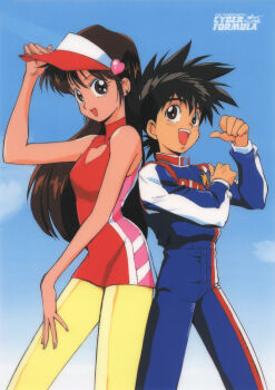 1boy 1girl black_eyes black_hair brown_eyes brown_hair copyright_name cowboy_shot day future_gpx_cyber_formula highres kazami_hayato long_hair non-web_source official_art open_mouth pantyhose photoshop_(medium) racing_suit short_hair sky standing sugou_asuka teeth upper_teeth_only visor_cap