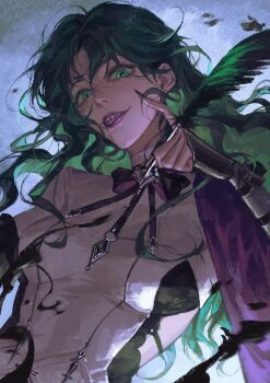 1girl absurdres black_bow black_bowtie bow bowtie breasts cape ccccl. chinese_commentary commentary eyeliner eyeshadow feathers gauntlets green_eyes green_feathers green_hair highres holding holding_quill looking_at_viewer looking_down makeup making_faces medium_breasts parted_bangs path_to_nowhere purple_cape purple_eyeshadow purple_lips quill raven_(path_to_nowhere) sharp_teeth shirt side_cape solo teeth tongue tongue_out upper_body white_shirt